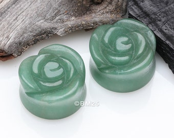 A Pair Of Rose Blossom Green Aventurine Stone Double Flared Plug