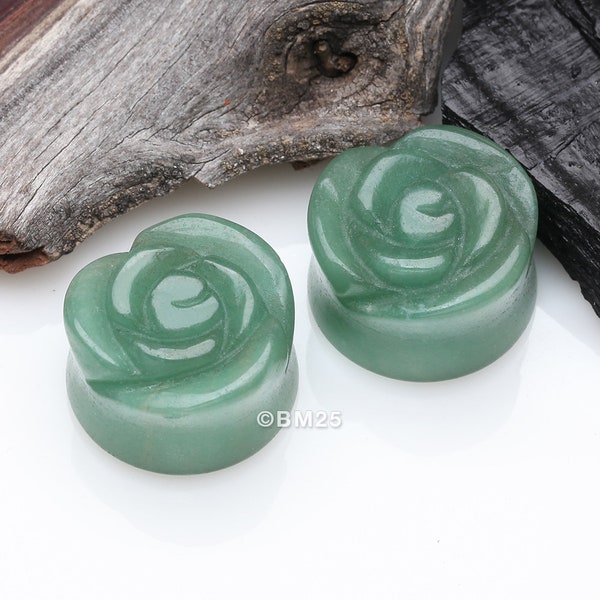 A Pair Of Rose Blossom Green Aventurine Stone Double Flared Plug