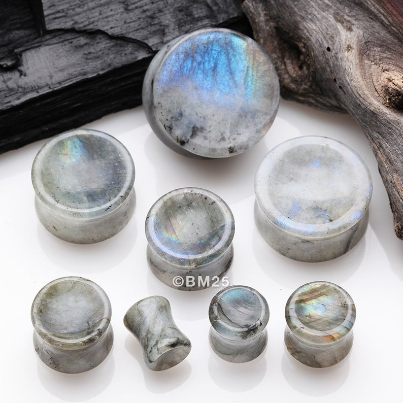 A Pair Of White Labradorite Concave Stone Double Flared Plug 