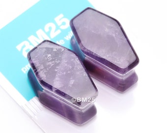 A Pair of Amethyst Stone Casket Coffin Double Flared Plug