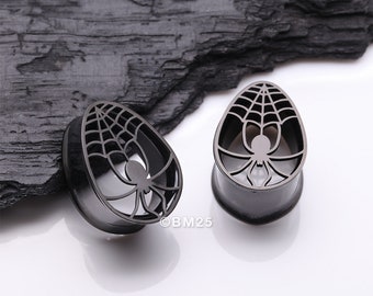 A Pair of Blackline Spider Webbed Teardrop Hollow Steel Tunnel Plug