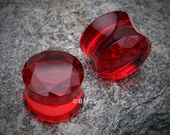 A Pair Of Faceted Pyrex Glass Gem Double Flared Ear Gauge Plug-Red