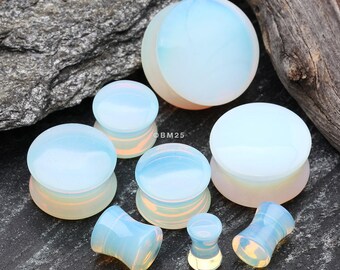 A Pair of Moonstone Opalite Stone Double Flared Ear Gauge Plug