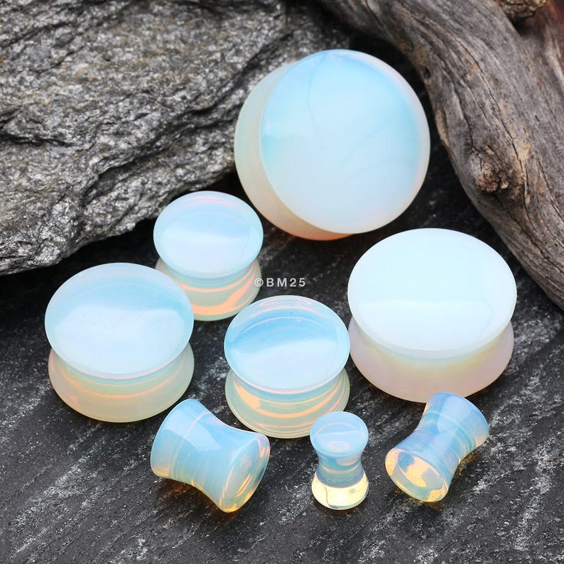 A Pair of Moonstone Opalite Stone Double Flared Ear Gauge Plug 