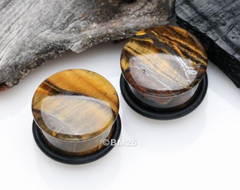 A Pair Of Tiger Eye Stone Single Flared Plug With O-Ring