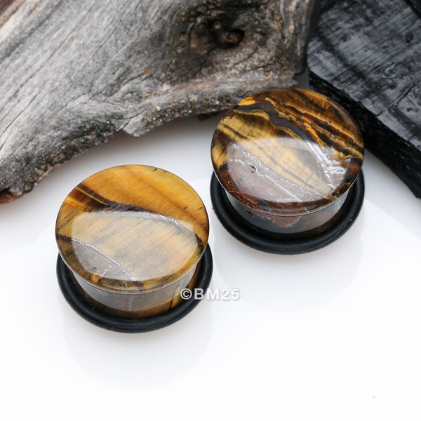 A Pair Of Tiger Eye Stone Single Flared Plug With O-Ring