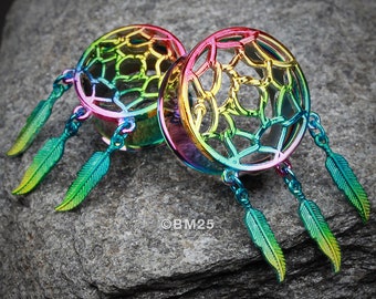 Rainbow Dreamcatcher Feather Dangle Ear Gauge WildKlass Plug Rainbow Dreamcatcher Feather Dangle Ear Gauge WildKlass Plug
