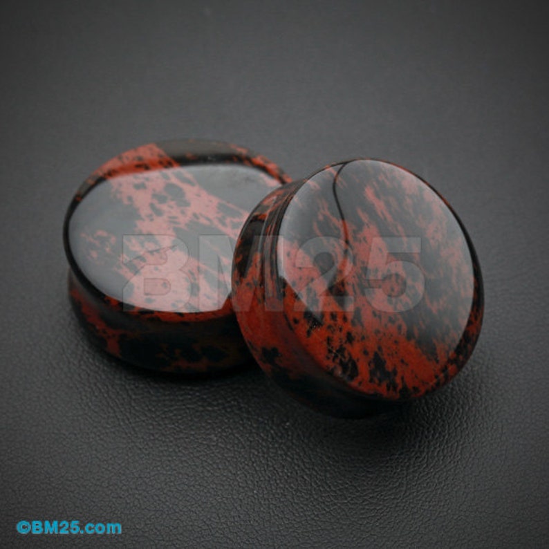 A Pair of Mahogany Obsidian Stone Double Flared Ear Gauge Plug 