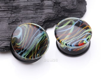 A Pair of Vibrant Rainbow Swirl Line Glass Double Flared Ear Gauge Plug