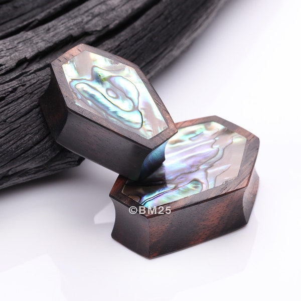 A Pair of Tiger Ebony Wood Abalone Inlay Casket Double Flared Plug