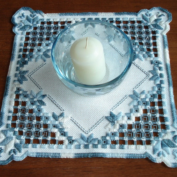 Blue Clouds Doily in hardanger embroidery
