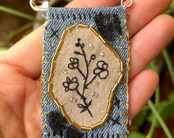 Denim Pin Brooch, hand embroidered