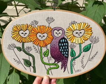 Owl Among the Flowers - embroidery hoop