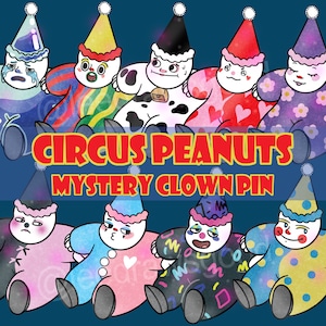 May include: A set of ten colorful clown pins with different patterns and designs. Each pin features a white clown face with a unique expression and a colorful hat. The pins are part of a "Circus Peanuts Mystery Clown Pin" collection.