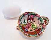 Miniature Chinese Famille Rose Bowl And Dragon Phoenix Spoon Hand Painted Porcelain Gold Trim Qianlong Nian Zhi Marks 1960s