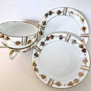 Nippon Rising Sun Porcelain, Porcelain Cups And Saucers, Japanese Hand Painted Peonies On Porcelain, Gold, Black & White, Noritake 1890-1921