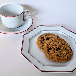 Fitz And Floyd Cup And Saucer With Snack Plate, Red On White Fine Porcelain, Rouleau And Caprice Discontinued Patterns Made In Japan 1980s