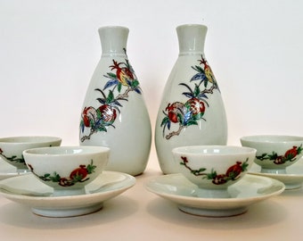 Sake Set, 2 Sake Sets, Pomegranates, Japanese Fertility Symbol, Hand Painted Porcelain, Rice Wine Set