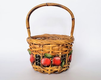 Vintage Apple Basket, Handled Basket With Apples Decoration, Decorative Kitchen Basket, Applied Clay Apples, Kitchen Decor 1970s