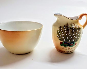 Blackpool England Miniature, Souvenir Pitcher & Bowl, Lucky White Heather, English Keepsake, Gemma Porcelain Crest Ware, Czechoslovakia