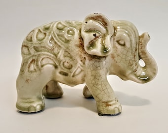 Elephant, Asian Elephant, Ceramic Elephant Figurine, Celadon Glaze, Vintage Home Decor, Elephant Paperweight, Made In Thailand