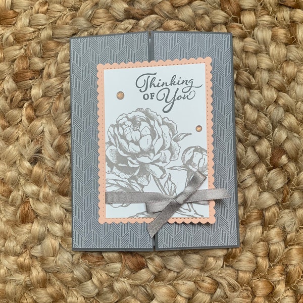 Thinking of you card, happy thoughts card, thank you card, handmade card, gate fold card, Stampin' up! Prized Peony stamp set.