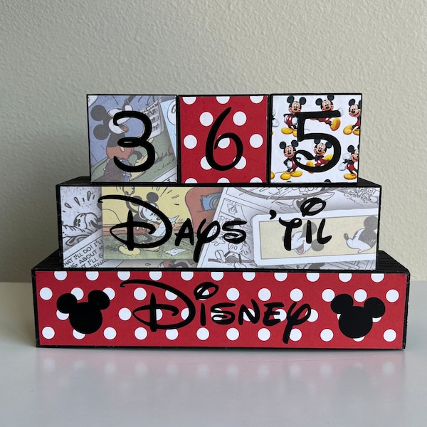 Disney vacation countdown wood blocks. With two inch number cubes and Days til and Disney base.