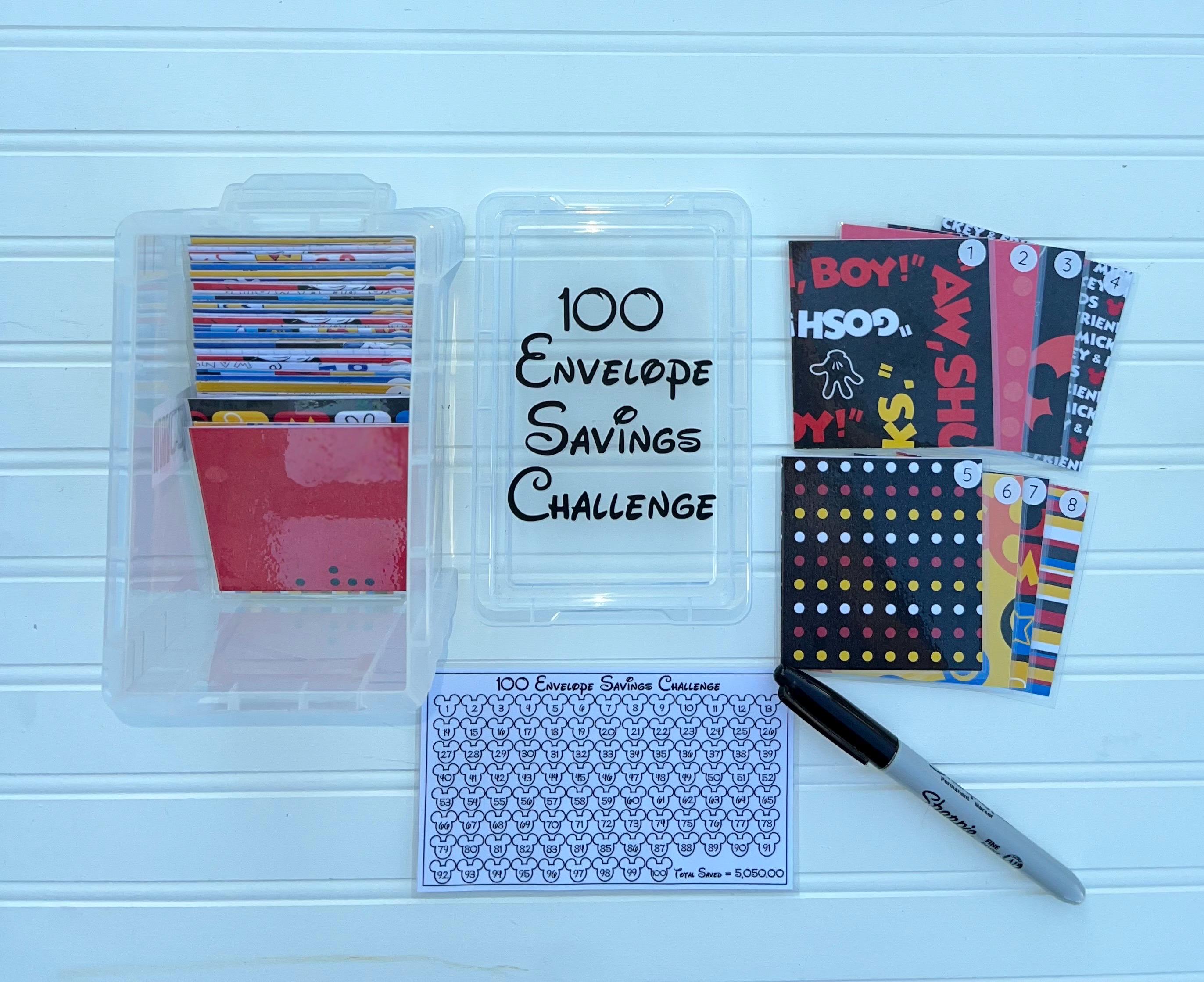 100 Envelope Challenge, 100 envelope Savings Challenge, Disney Themed, Savings Challenge Box, Cash Envelopes