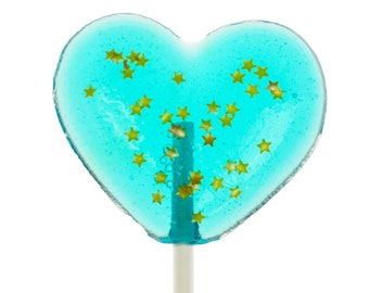 24 Pcs Starry Baby Blue Heart Lollipops with Gold Stars, Blue Raspberry Flavor for Valentines Day Candy Hearts and Party Favors Handcrafted