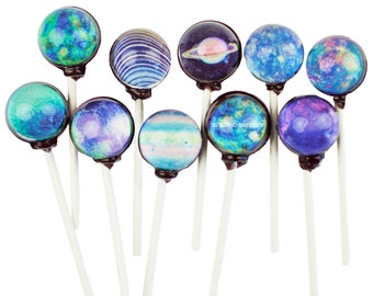 Galaxy Lollipops (10 Planet Art Designs) with Space Gift Pack, Watermelon Flavor, Handcrafted by Sparko Sweets