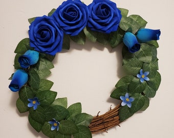 Blue Rose Wreath | Grapevine Wreath | Handmade | CottageCore | Gamer | Gift For | Home Decor