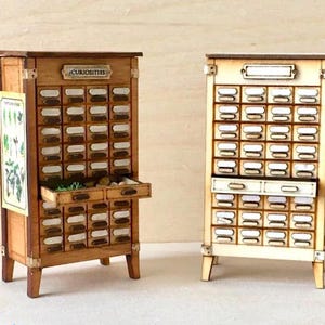 May include: Two miniature wooden apothecary cabinets. One is stained brown with the word "CURISOTIES" on top, and the other is unstained. Both have numerous small drawers with label holders and are on small legs.