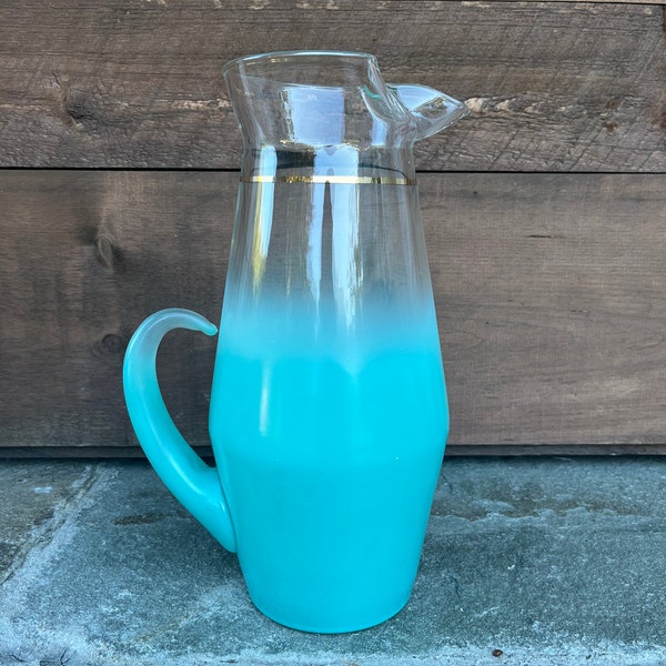 Vintage Blendo Pitcher, Sea Blue Pitcher, Mid Century Frosted Pitcher