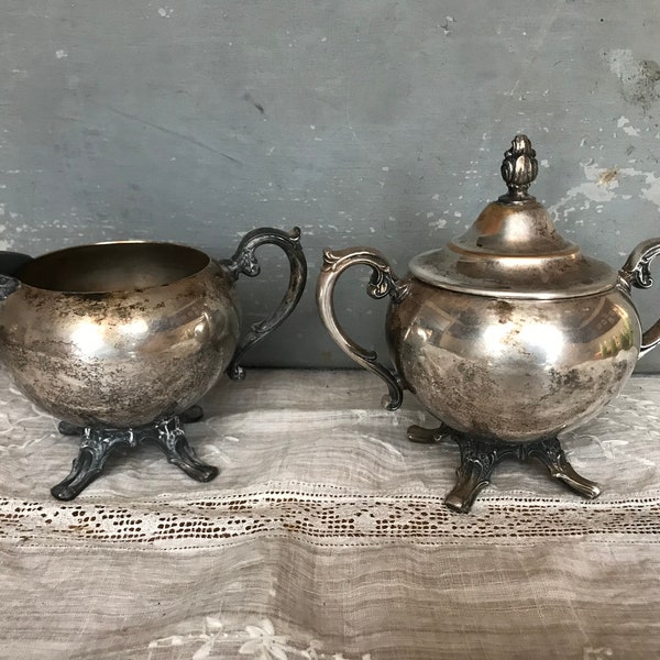 Antique WM Rogers Silver Creamer And Sugar Set, Rustic Entertaining