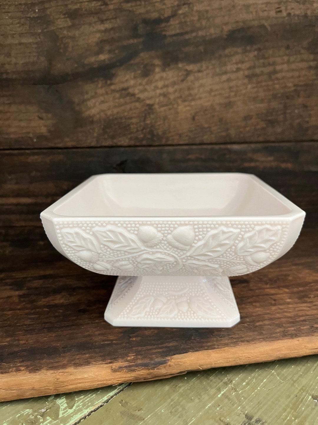 Glass Blush Pink Vintage Candy Dish, Acorns and Vines, 1950s