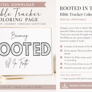May include: Digital download Bible tracker coloring page with the text "Becoming Rooted in Truth." The design includes the words "ROOTED" and "In Truth" in a black font. The image also includes the text "Print, Color, Grow in God's Word."