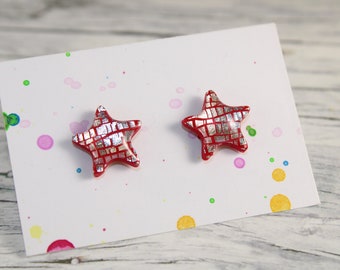 Red silver star stud earrings, red star earstuds, red silver star earrings, birthday gift