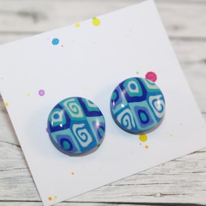 Blue Polymer Clay Stud Earrings: Resin Coated, Lightweight