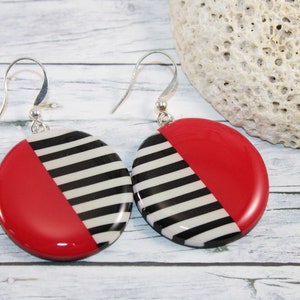 Red black round earrings, red black dangle earrings, red black circle earrings red black big earrings, red black and white earrings