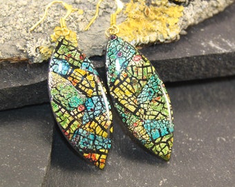 Turquoise earrings, gold earrings, sparkly earrings, leaf earrings, inspired by Hundertwasser, dangle earrings, emerald earrings,