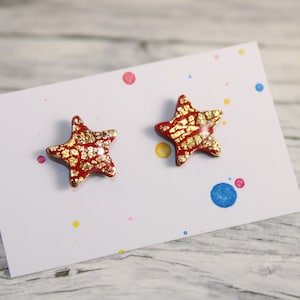 Red Glitter Star Stud Earrings: Polymer Clay, Resin Coated