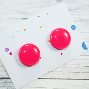 Neon Pink Polymer Clay Stud Earrings: Minimalist Dot Design