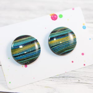 Turquoise Gold Striped Stud Earrings: Polymer Clay Resin Dots
