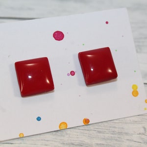 Red Polymer Clay Square Stud Earrings: Minimalist red Jewelry, red square stud earrings, earrings for men, red studs, red earstuds