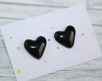 Black heart stud earrings, black studs, love studs, black stud earrings, post earrings, tiny stud earrings, small stud, heart studs