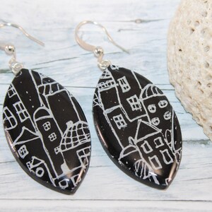 Black white city motive earrings, big black dangle earrings, black statement earrings, black circle earrings, black and white earrings