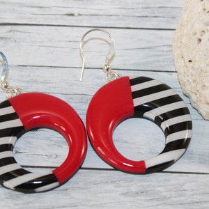 Red black round earrings, red black dangle earrings, red black circle earrings red black big earrings, red black and white earrings