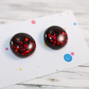 Black red glitter stud earrings, black red stud earrings, red glitter post earrings,tiny black stud earrings, birthday gift