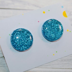 Sparkly Blue Glitter Stud Earrings: Polymer Clay Resin - 1.5cm