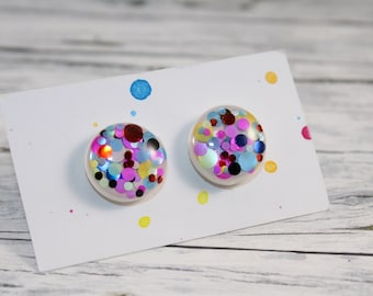 Colorful polka dot stud earrings, multicolor stud earrings, rainbow stud earrings